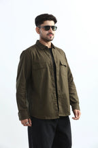 Xkind Dark Olive Green Textured Regular Fit Shirt | Grocsy
