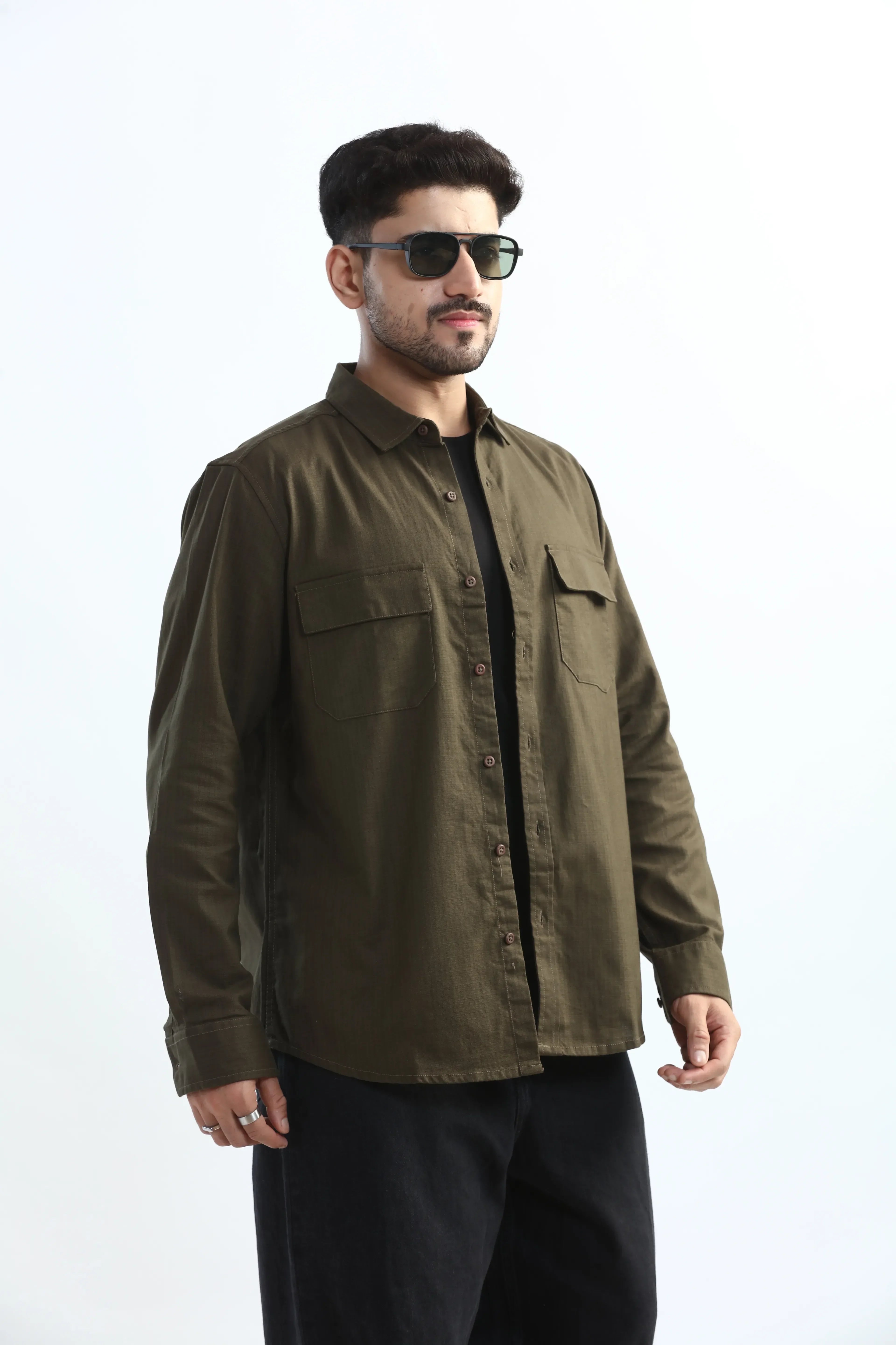 Xkind Dark Olive Green Textured Regular Fit Shirt | Grocsy