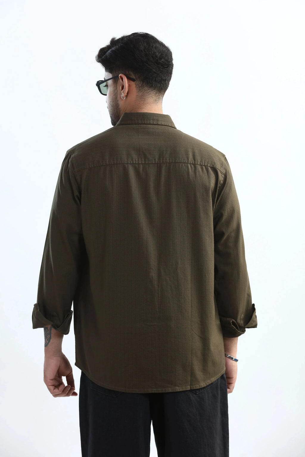 Xkind Dark Olive Green Textured Regular Fit Shirt | Grocsy