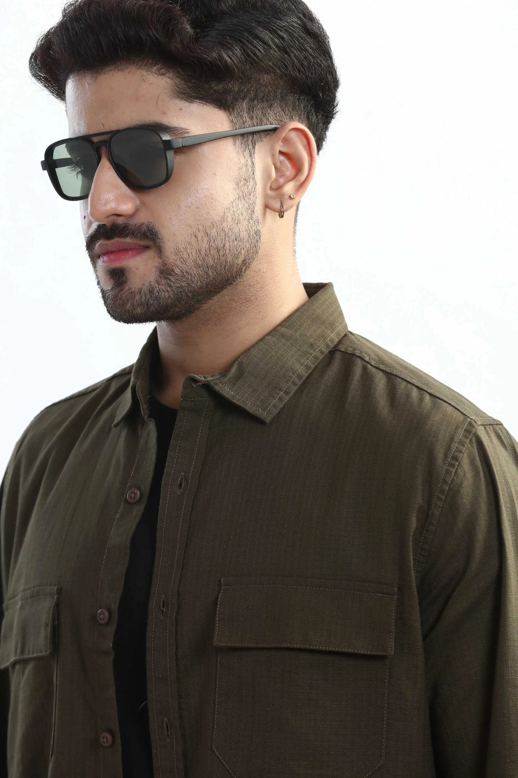 Xkind Dark Olive Green Textured Regular Fit Shirt | Grocsy