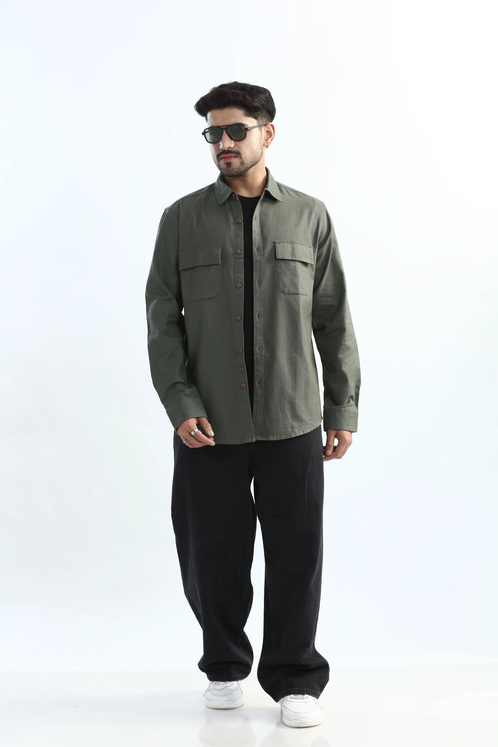 Xkind Dark Green Textured Regular Fit Shirt/ Overshirt | Grocsy