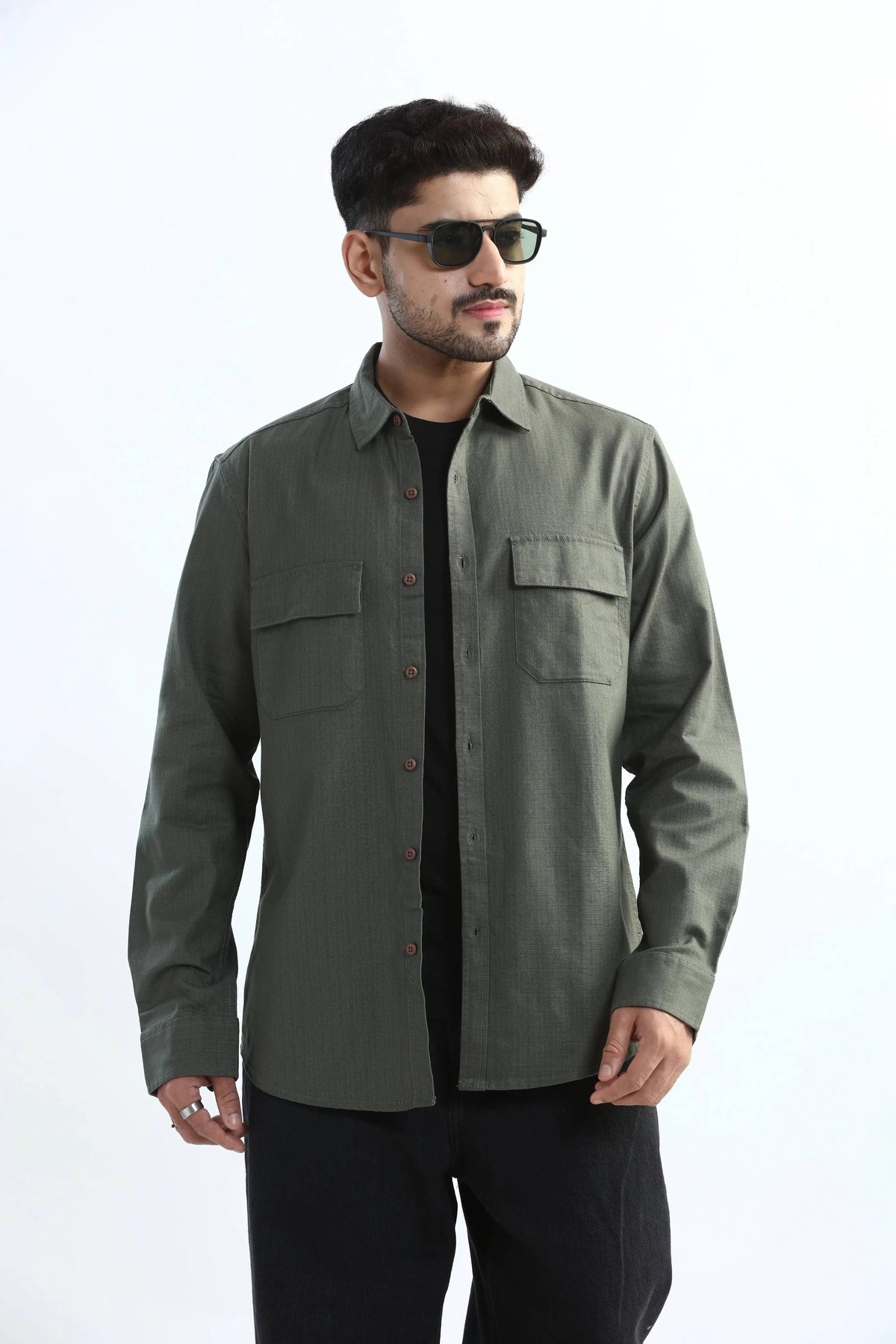 Xkind Dark Green Textured Regular Fit Shirt/ Overshirt | Grocsy