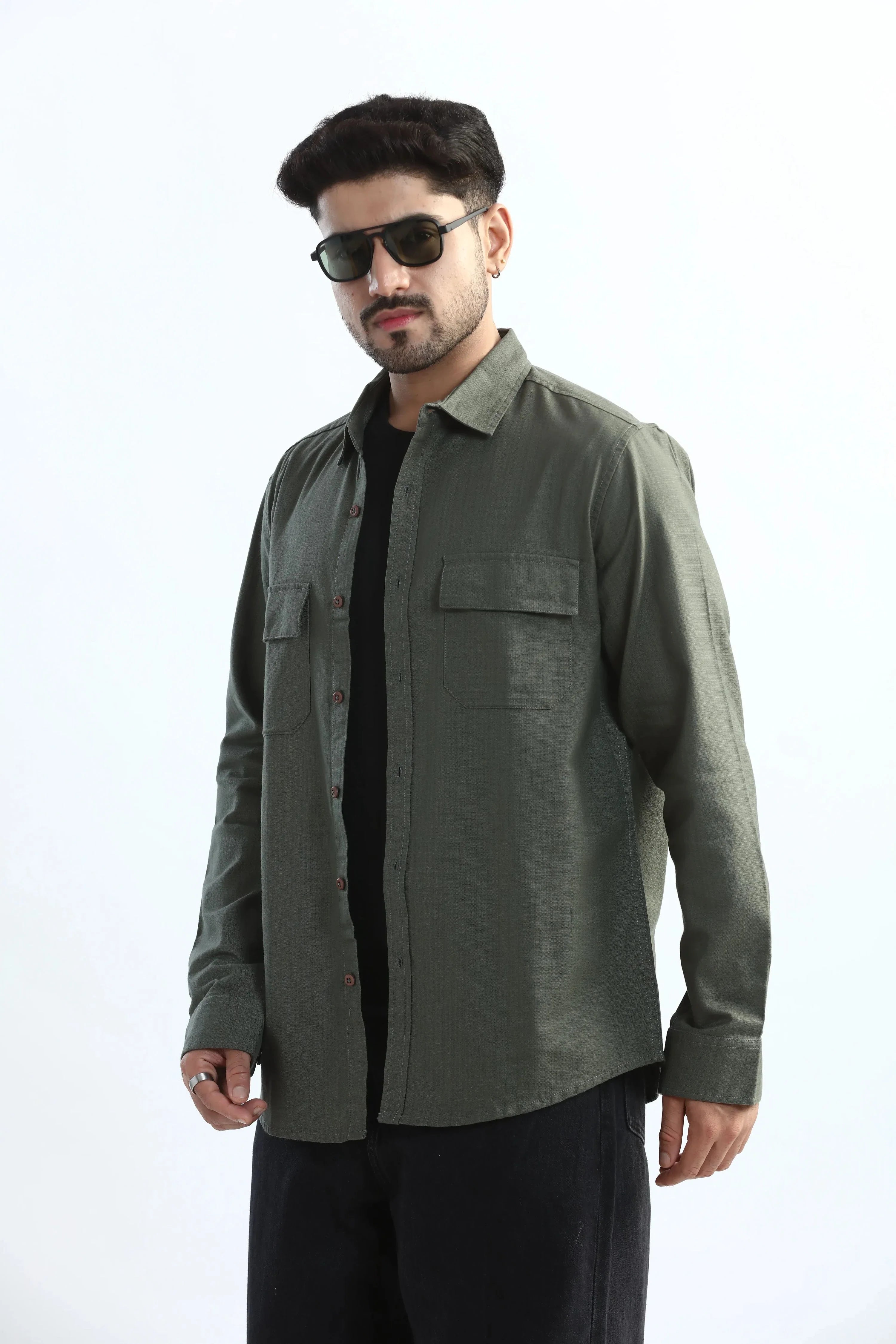 Xkind Dark Green Textured Regular Fit Shirt/ Overshirt | Grocsy