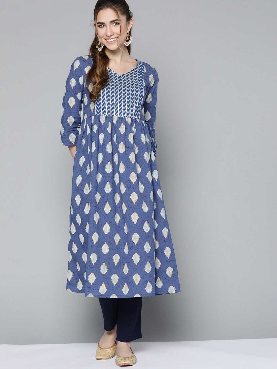 HERE&NOW Women Navy Blue & Mustard Yellow Ethnic Printed Gotta Patti Pure Cotton Kurta | Grocsy