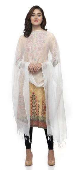 A R Silk Women's Cotton Self Check White Regular Dupatta | Grocsy