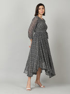 Souchii Women Grey & Black Ethnic Motifs Chiffon A-Line Midi Dress | Grocsy