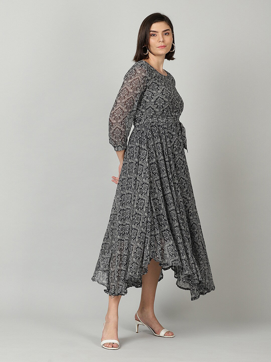 Souchii Women Grey & Black Ethnic Motifs Chiffon A-Line Midi Dress | Grocsy