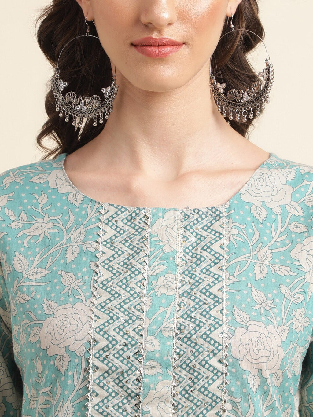 Sangria Green & Cream Floral Printed Pure Cotton Straight Kurta With Trouser | Grocsy