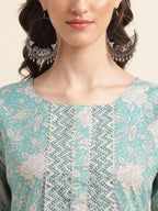 Sangria Green & Cream Floral Printed Pure Cotton Straight Kurta With Trouser | Grocsy