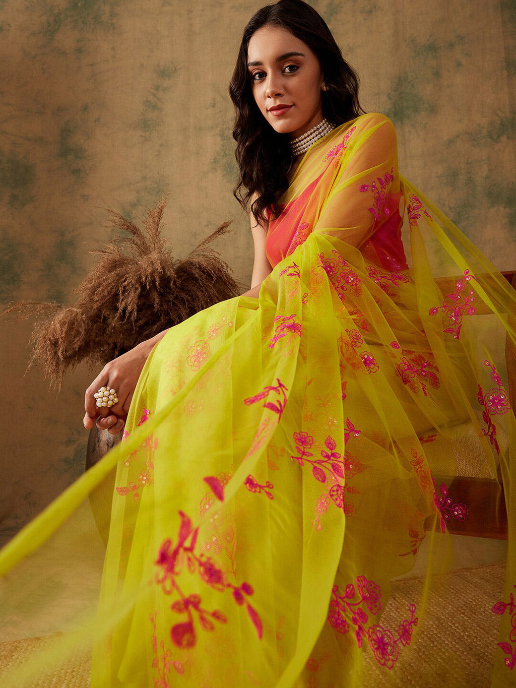 Sangria Floral Embroidered Sequins Details Net Saree | Grocsy