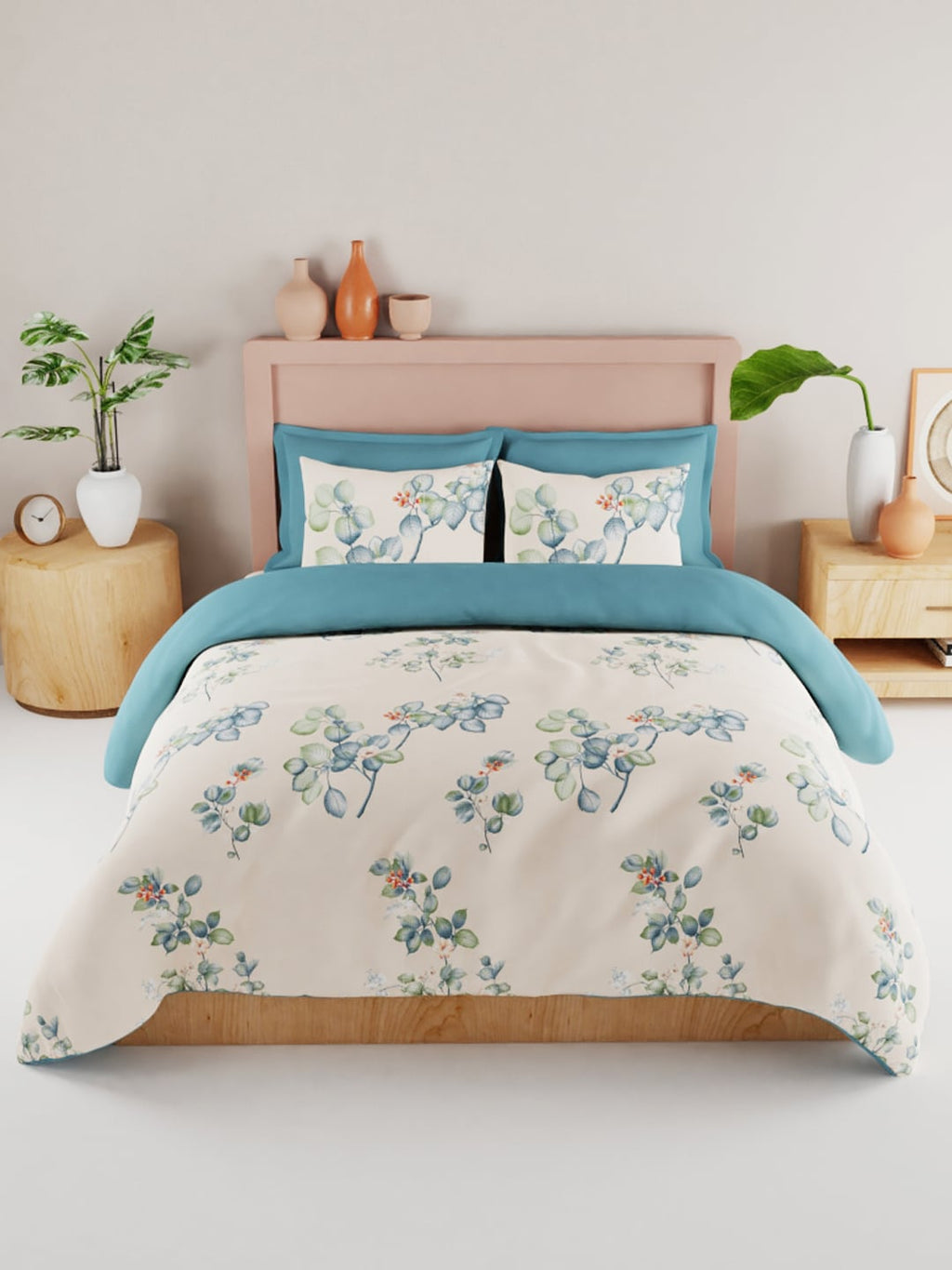 BIANCA Beige & Green Floral 186 TC King Bedsheet with 2 Pillow Covers | Grocsy