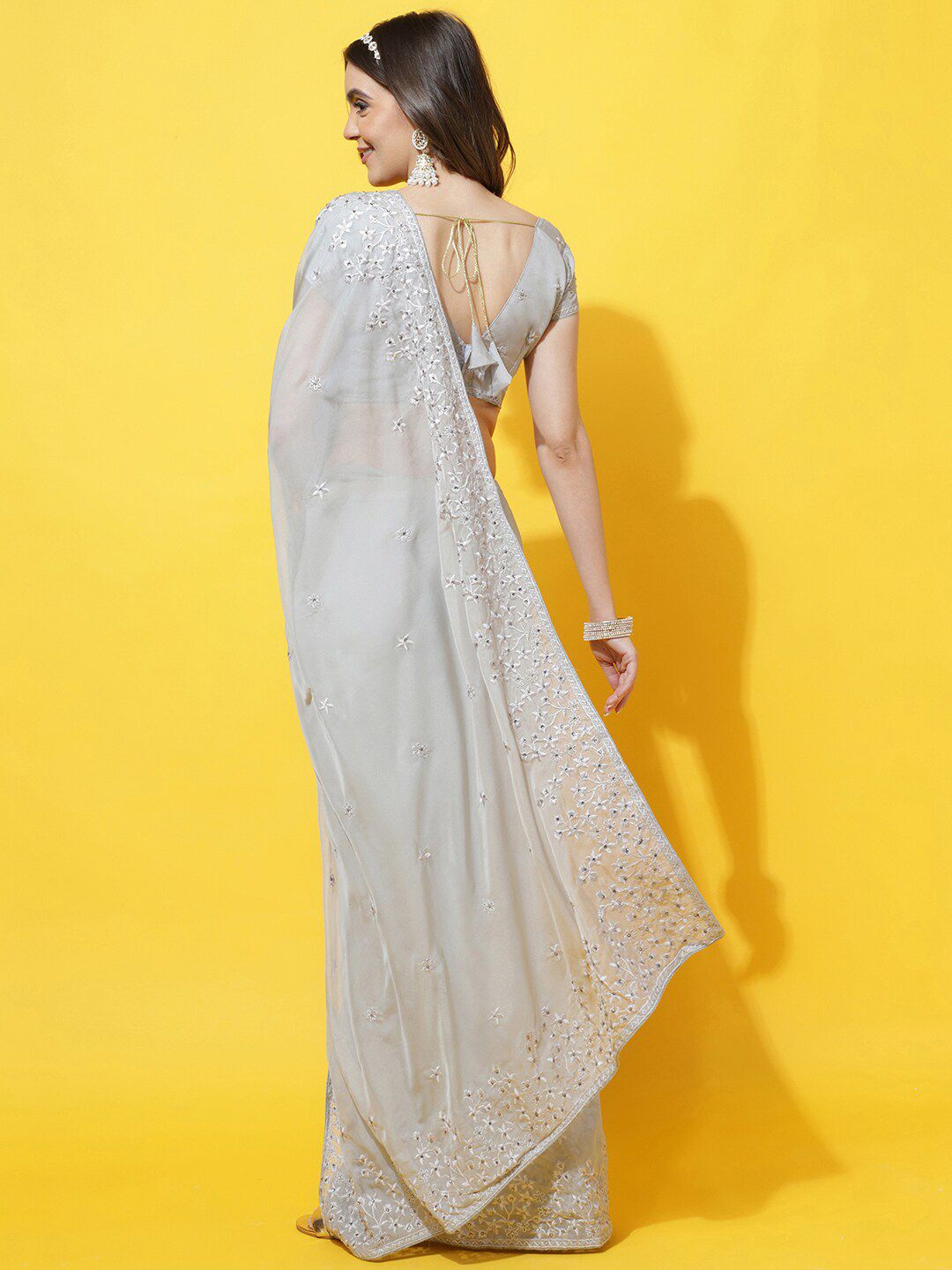 kasee Floral Embroidered Organza Saree | Grocsy