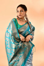 Joban Fashion Sky Blue & Rama Plain With Weaving Border Banarasi Silk Sarees | Grocsy