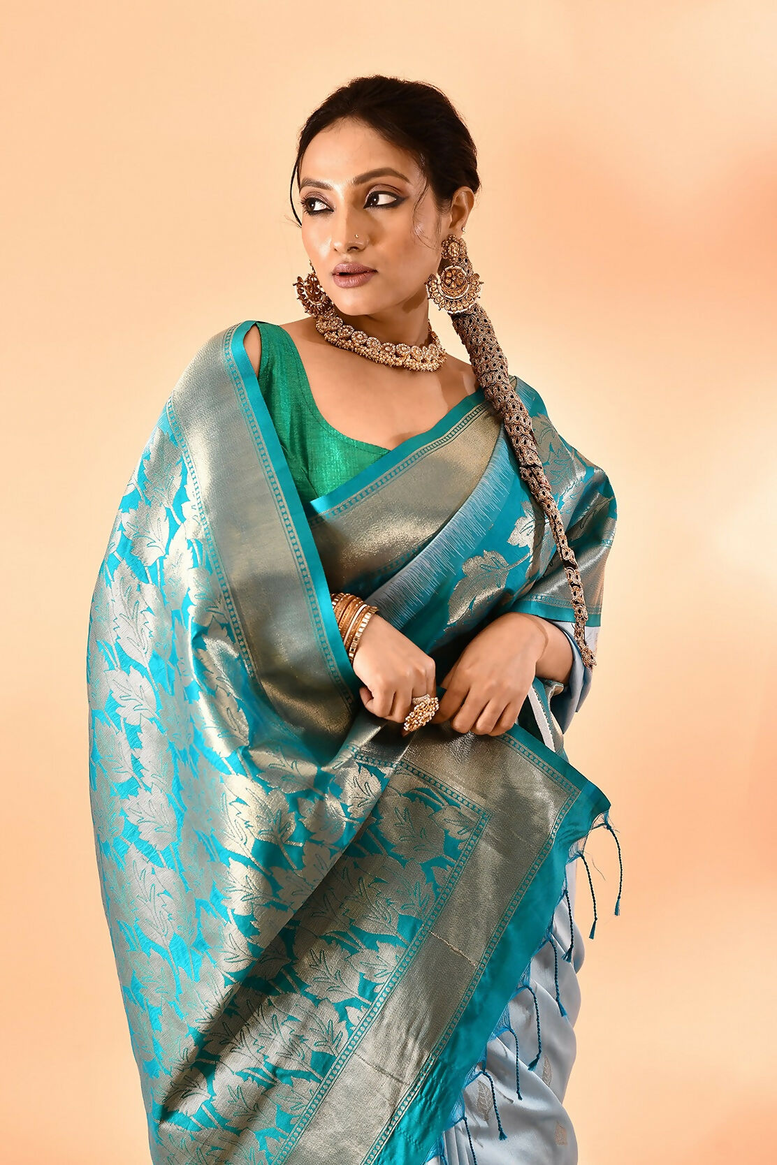 Joban Fashion Sky Blue & Rama Plain With Weaving Border Banarasi Silk Sarees | Grocsy