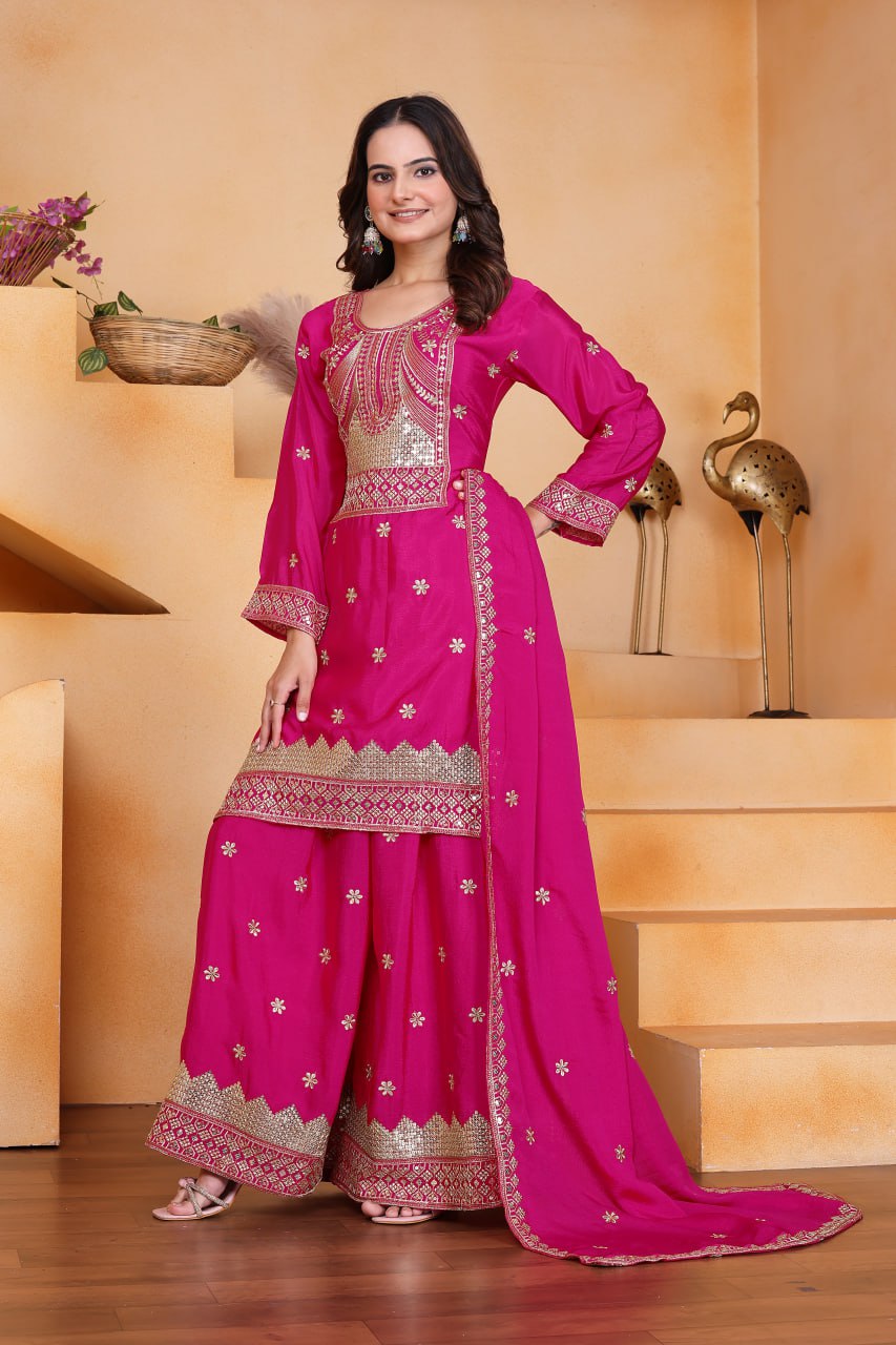 Yash Enterprise Pink Chinon Silk Party Wear Embroidery Suit Set | Grocsy