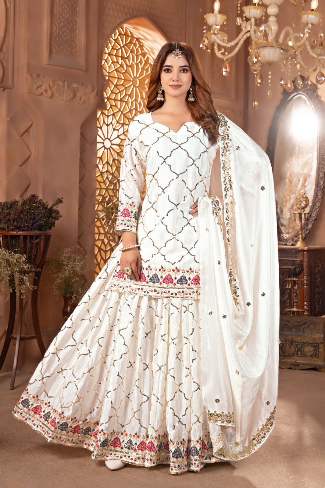 Yash Enterprise White Chinon Silk Embroidery Party Wear Suit Set | Grocsy
