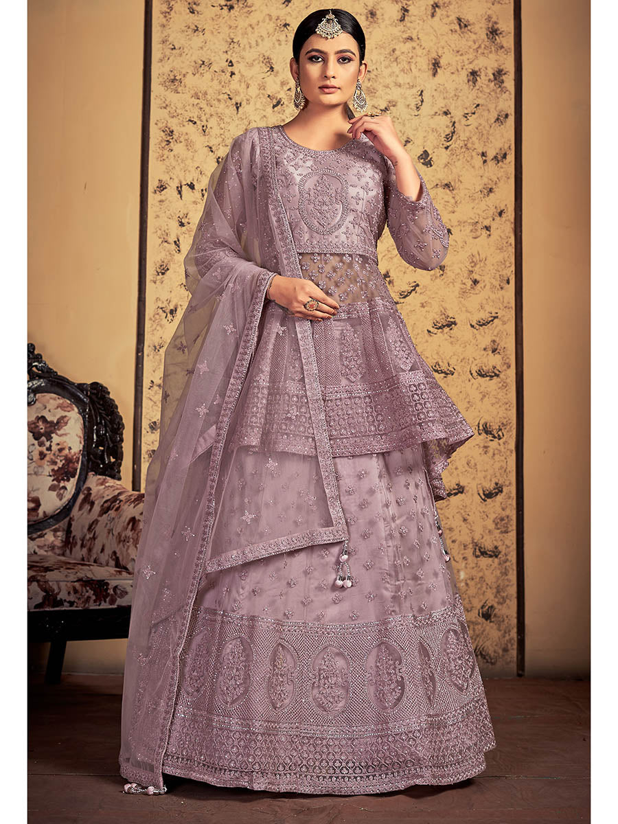 Myra Mauve Soft Net Heavy Embroidered Designer Lehenga | Grocsy