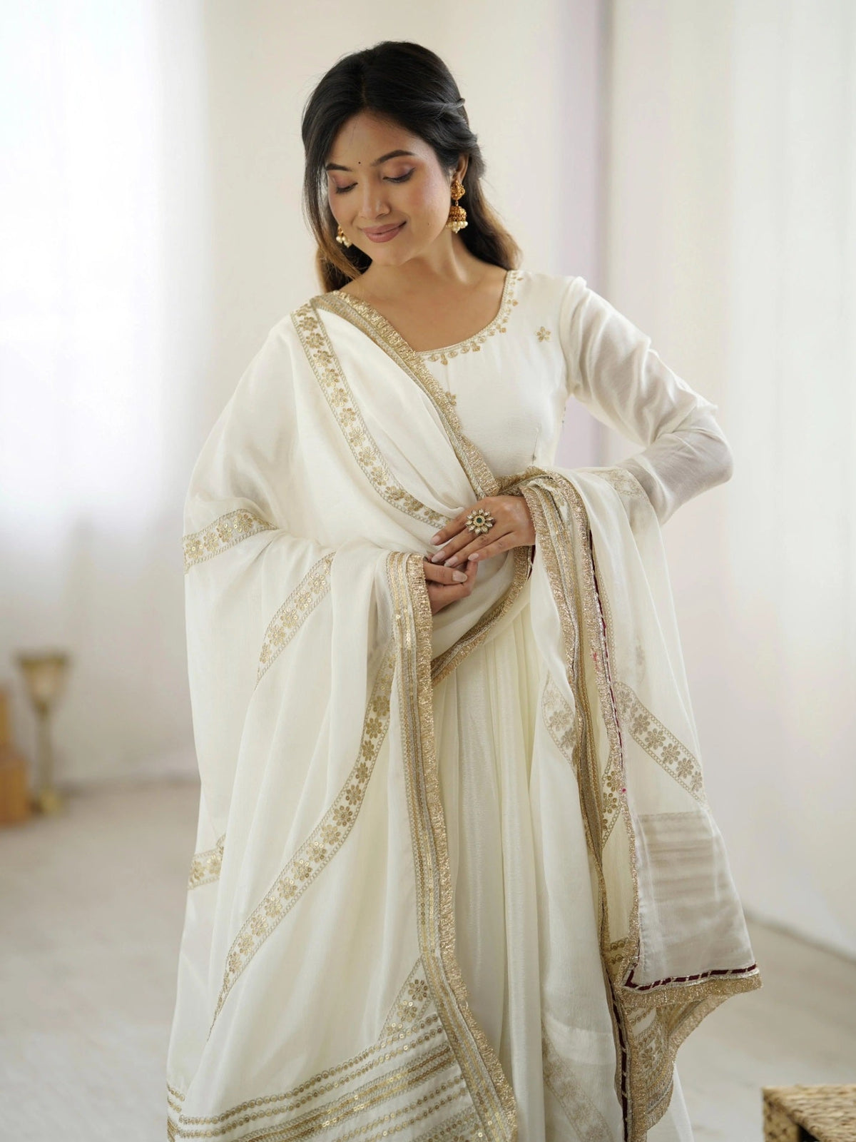 Yash Enterprise Off White Chinon Silk Party Wear Embroidery Suit Set | Grocsy