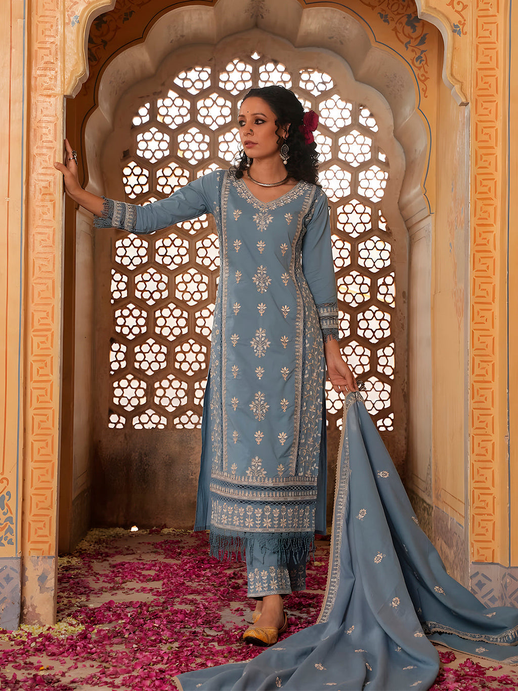 Embroidered & Lace Detailed Kurta With Pant & Embroidered Dupatta Luxury, Multicolor - Hiral Fashion | Grocsy