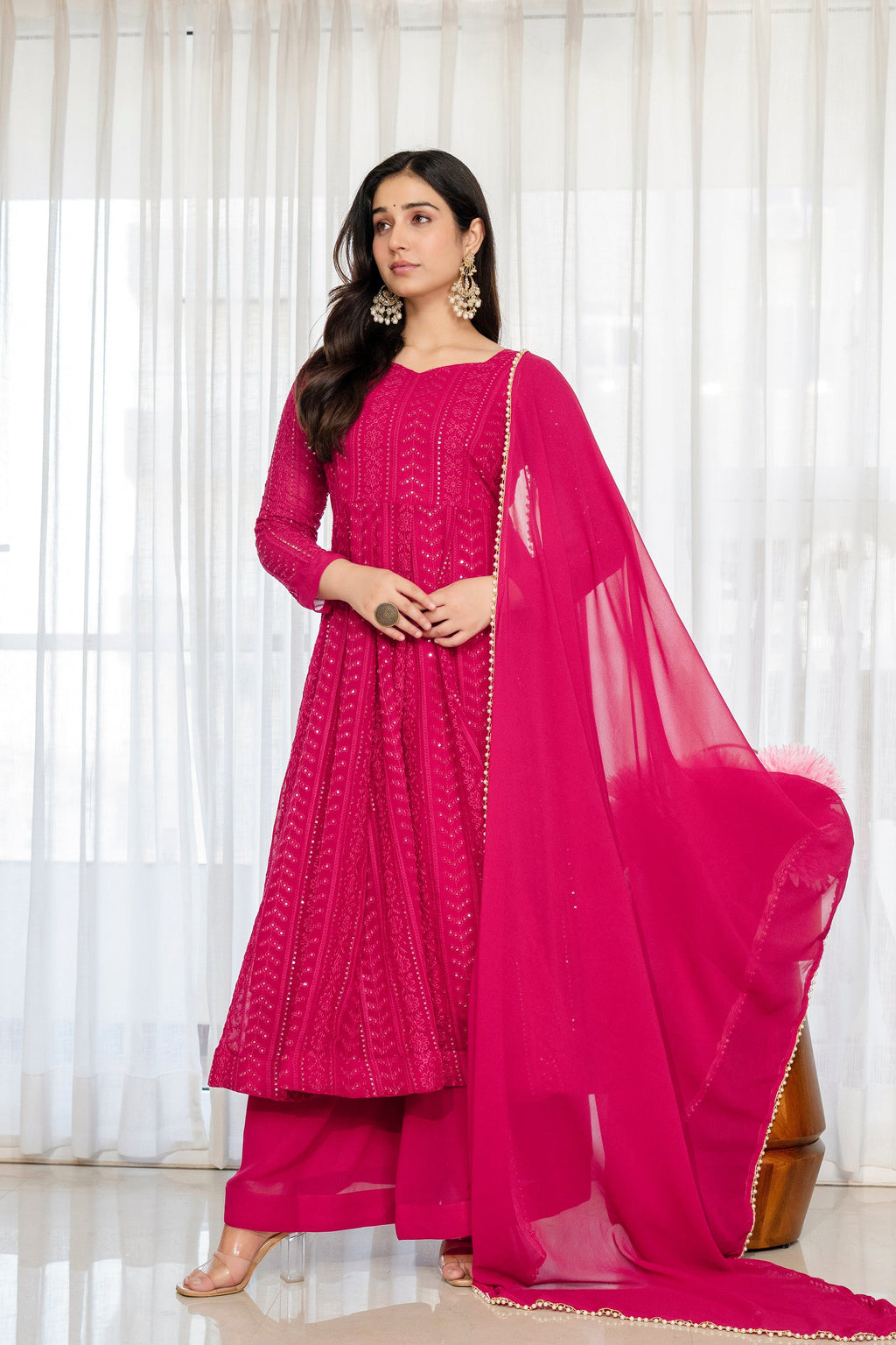 Yash Enterprise Rani Pink Blooming Silk Party Wear Embroidery Sharara Suit Set | Grocsy