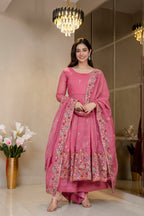 Yash Enterprise Dusty Rose Crunchy Silk Party Wear Embroidery Sharara Suit Set | Grocsy
