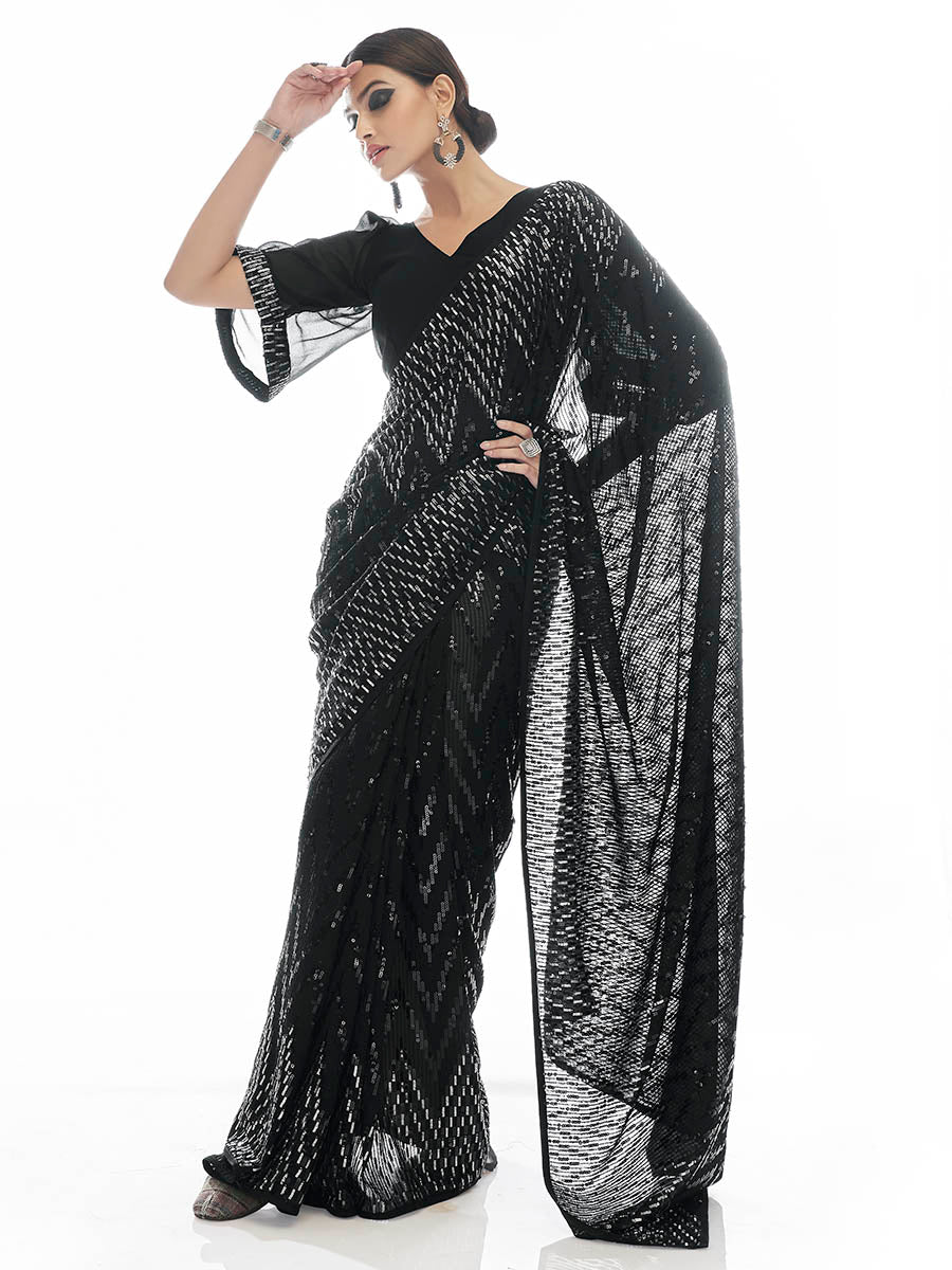 Myra Black Georgette Embroidered Designer  Saree | Grocsy