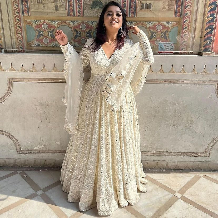 Yash Enterprise Off White Luckhnowi Sequins Work Party Wear Suit Set | Grocsy