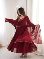 Yash Enterprise Maroon Faux Georgette Party Wear Embroidery Suit Set | Grocsy
