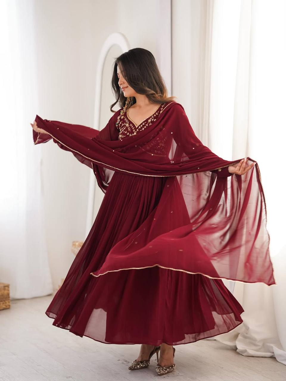 Yash Enterprise Maroon Faux Georgette Party Wear Embroidery Suit Set | Grocsy