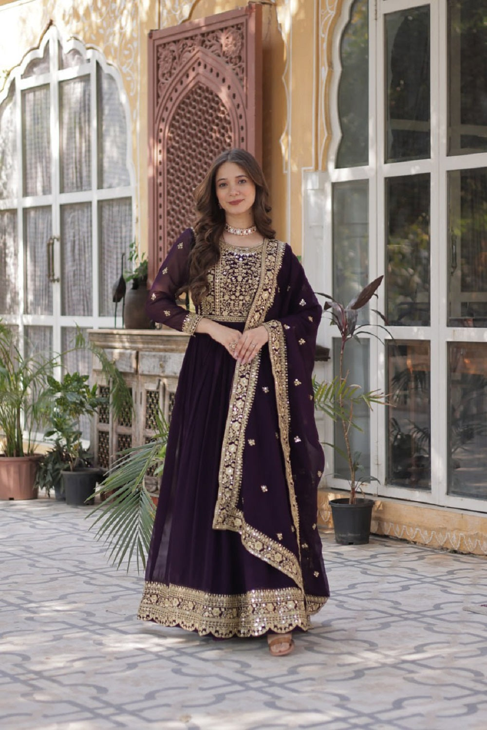 Yash Enterprise Wine Georgette Party Wear Embroidery Suit Set | Grocsy