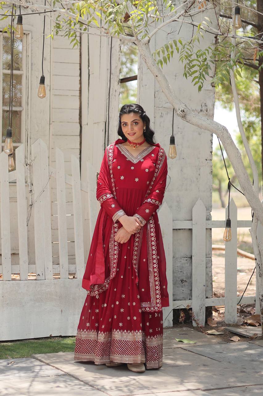 Yash Enterprise Maroon Faux Blooming With Sequins Embroidered Multi-Sequins Work Suit Set | Grocsy