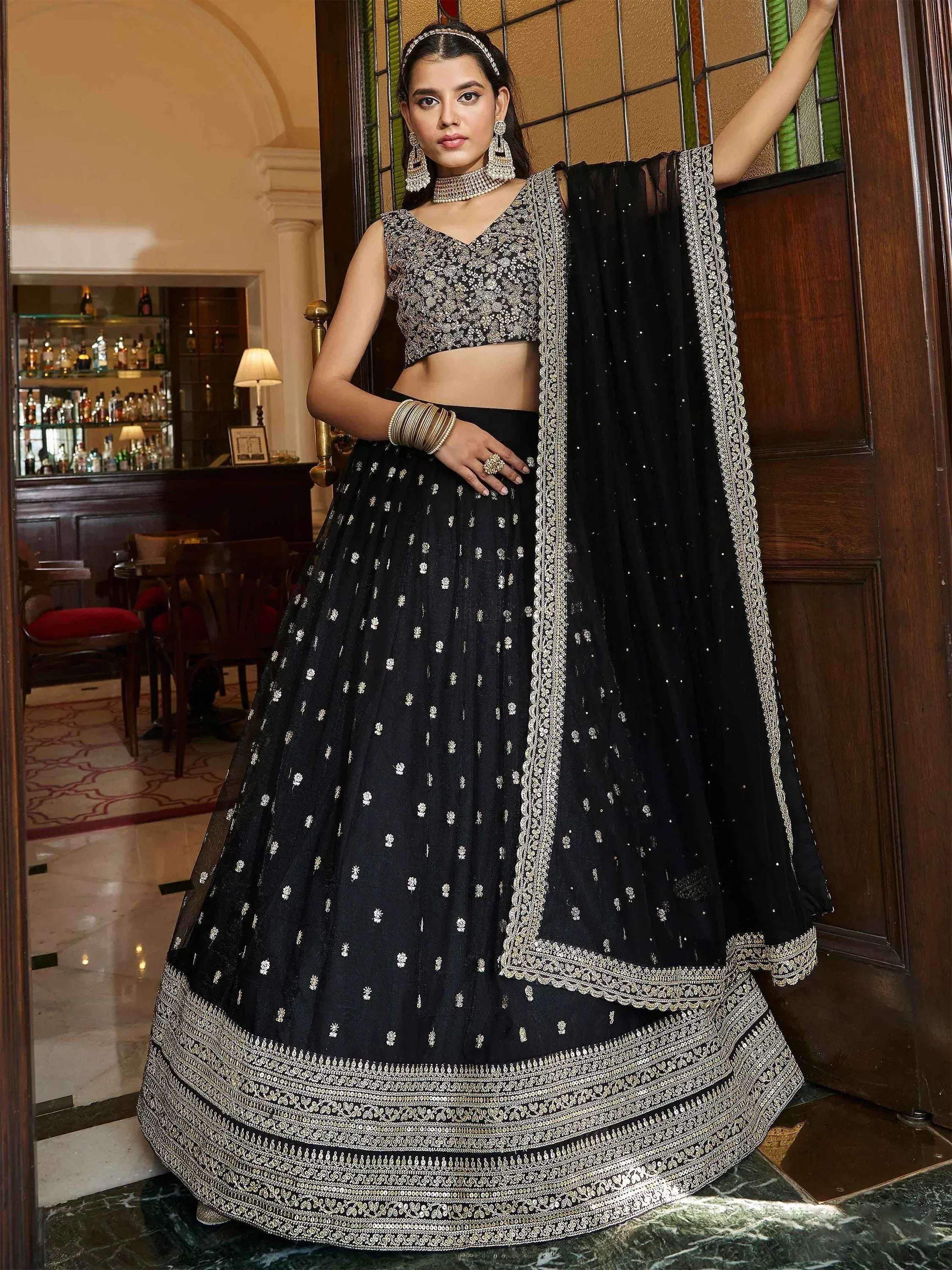 Tulsi Art Dazzling Black Sequin Embroidered Net Lehenga Choli | Grocsy