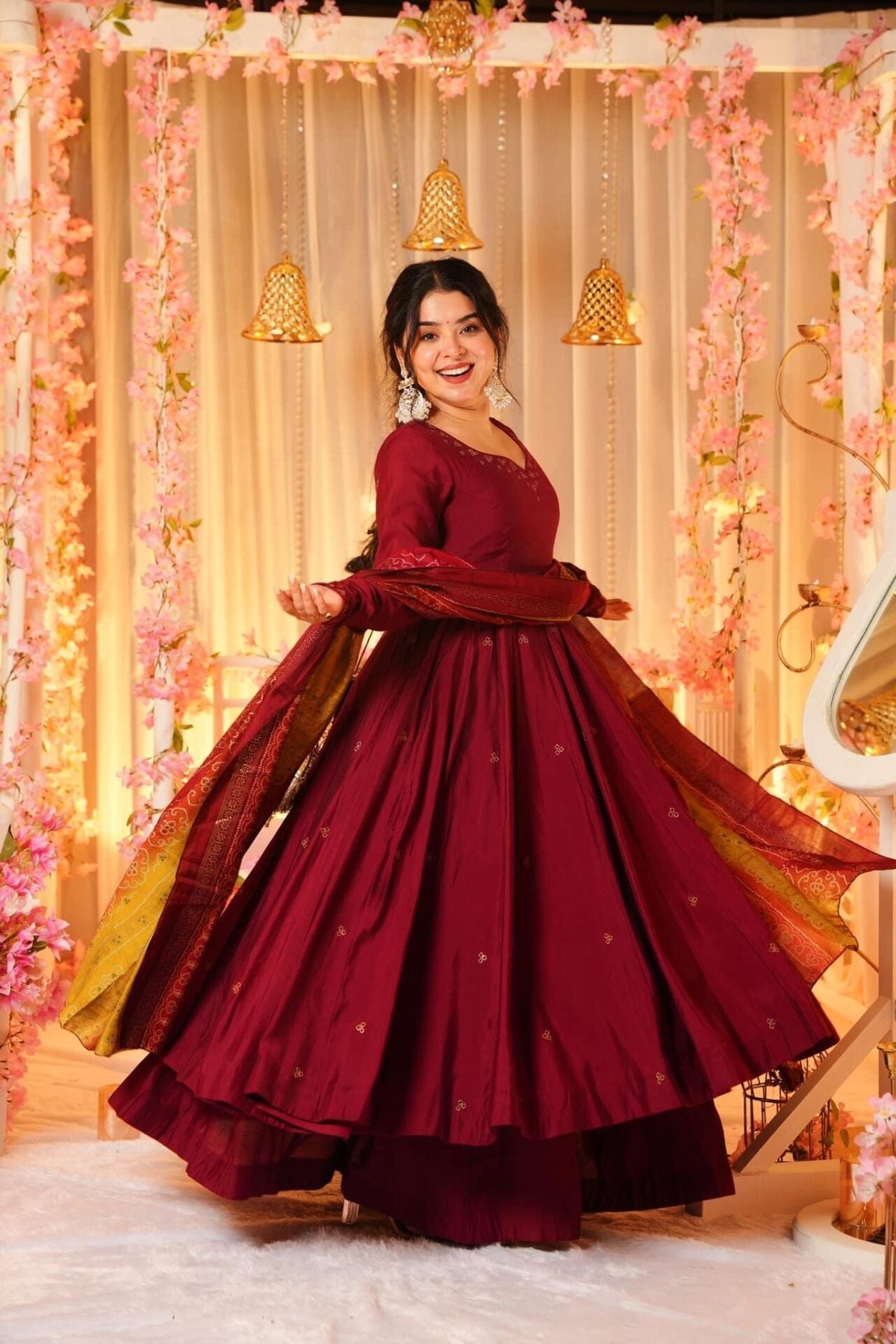 Yash Enterprise Festive Special Chinon Silk Partywear Designer Gown With Palazzo & Dupatta Set | Grocsy