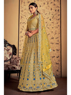 Myra Mustard Soft Net Heavy Embroidered Designer Lehenga | Grocsy