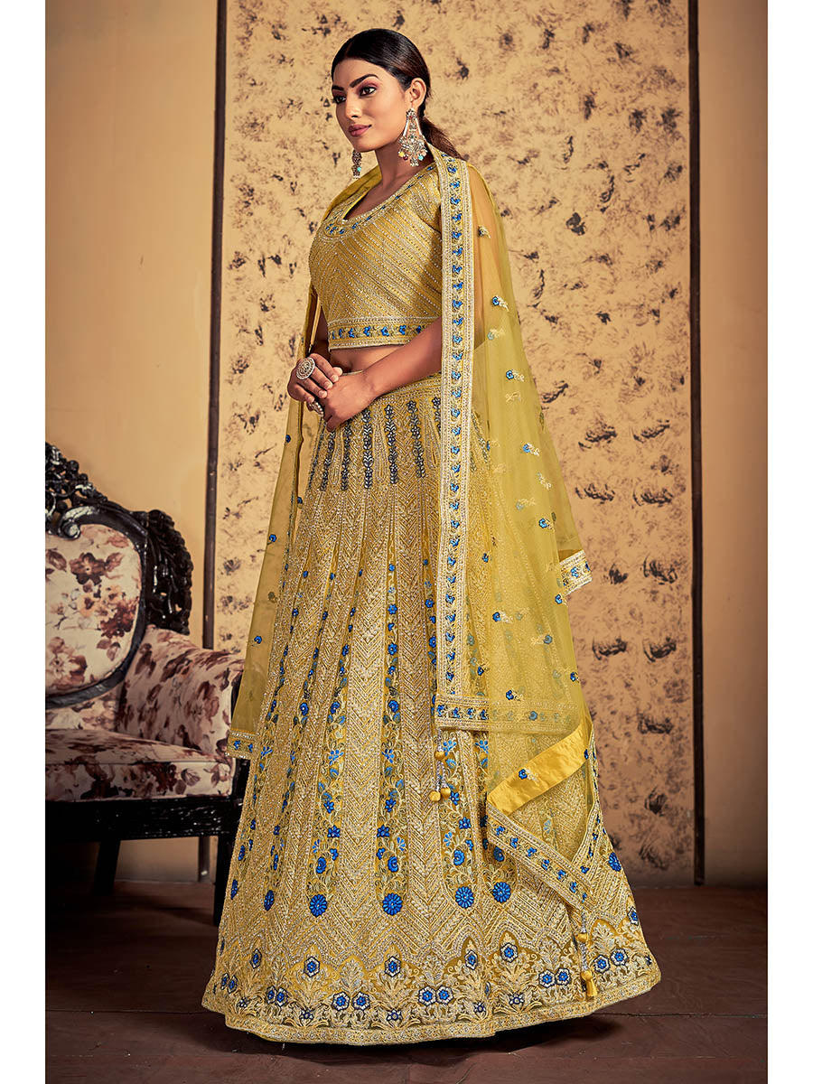 Myra Mustard Soft Net Heavy Embroidered Designer Lehenga | Grocsy