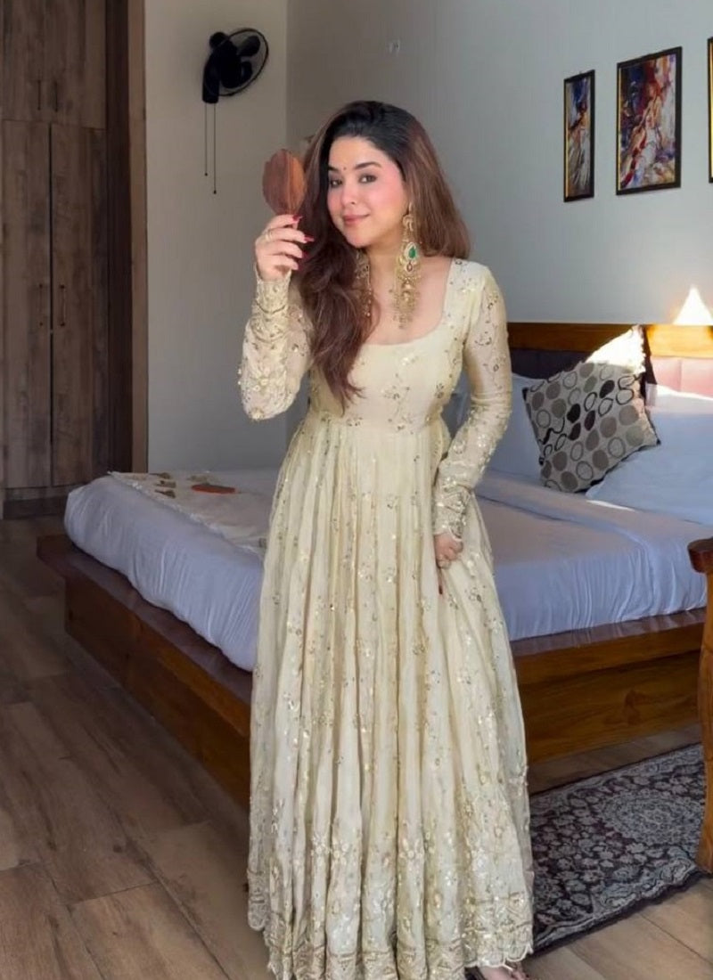 Yash Enterprise Cream Vichitra Silk Party Wear Embroidery Suit Set | Grocsy