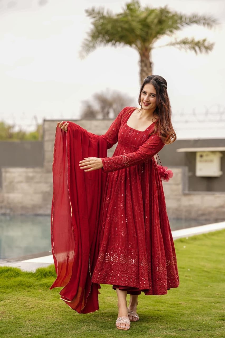 Yash Enterprise Marron Embroidered Georgette Suit Set | Grocsy
