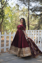 Yash Enterprise Dark Maroon Vichitra Shimmer With Rich Sequins Embroidered Work Party Wear Suit Set Stitched | Grocsy