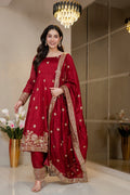 Yash Enterprise Maroon Simmar Silk Party Wear Embroidery Suit Set | Grocsy