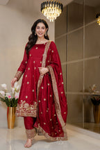 Yash Enterprise Maroon Simmar Silk Party Wear Embroidery Suit Set | Grocsy