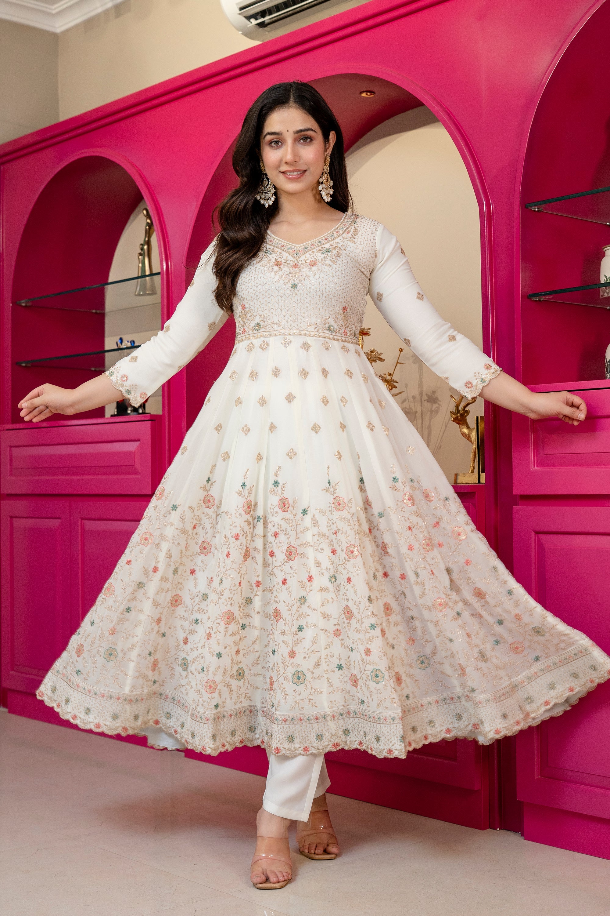 Yash Enterprise Off White Georgette Party Wear Anarkali Suit Set | Grocsy