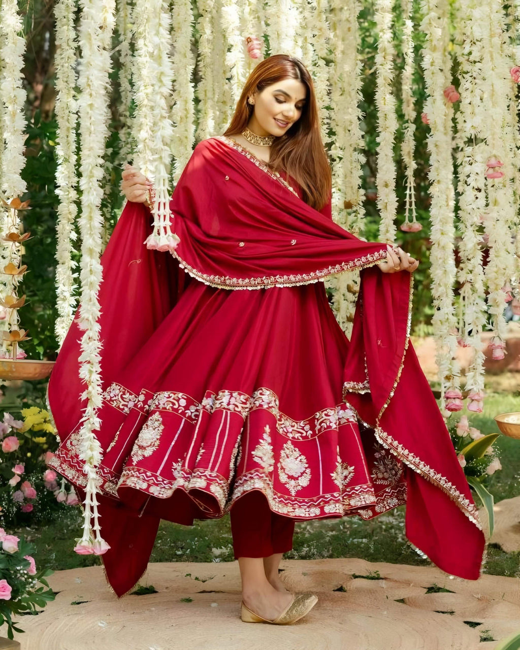 Yash Enterprise Red Roman Silk Embroidery Suit Set | Grocsy