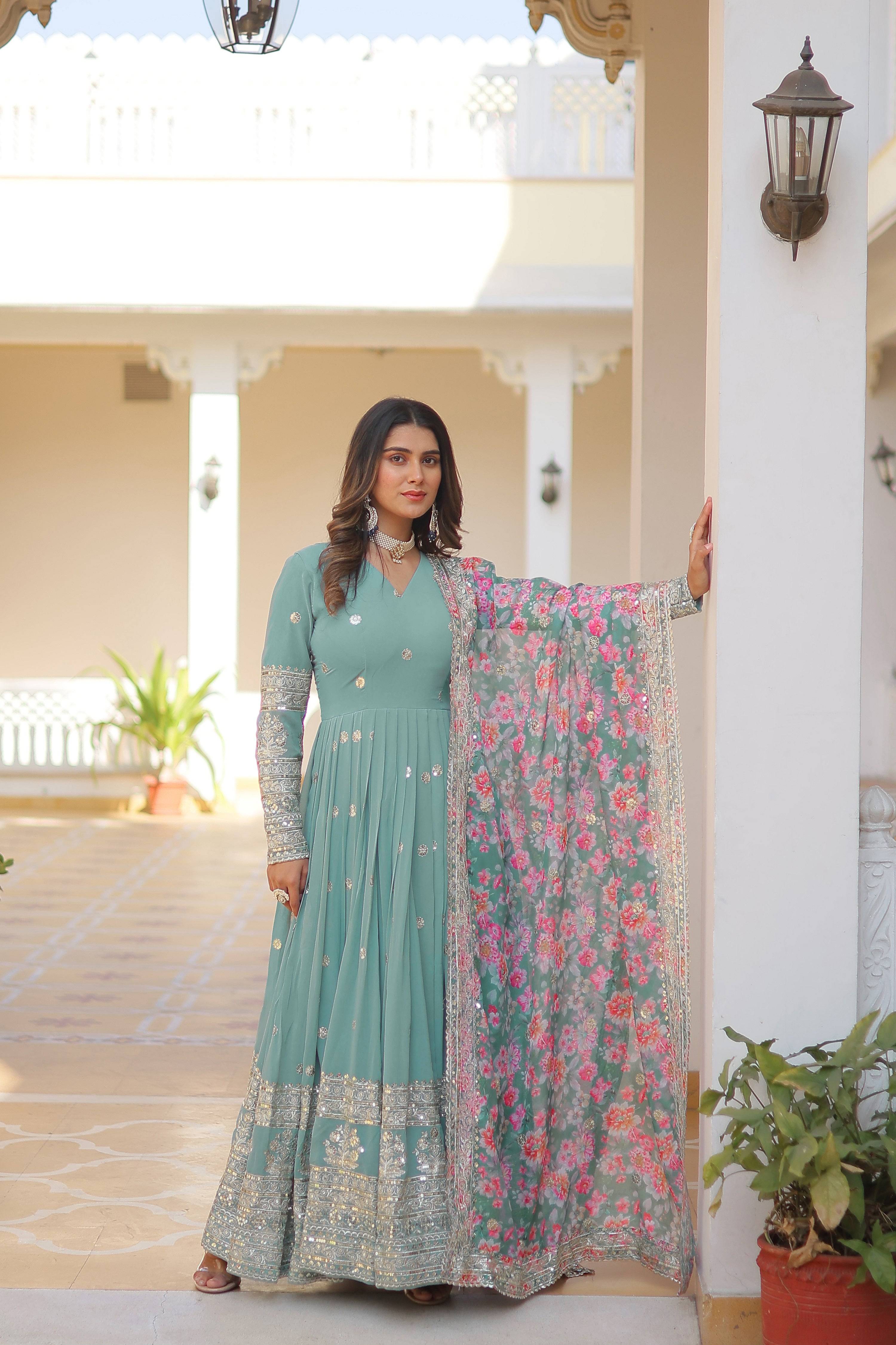 Yash Enterprise Sea Green Georgette Embroidered Long Kurti SetWith Multicolour Dupatta | Grocsy