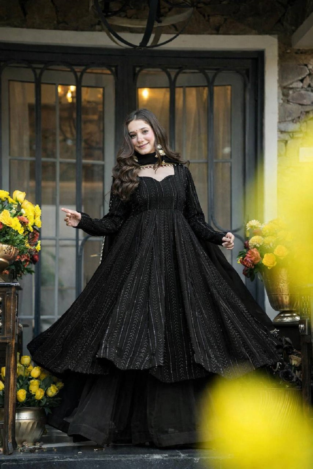 Yash Enterprise Black Faux Blooming Party Wear Embroidered Suit Set | Grocsy