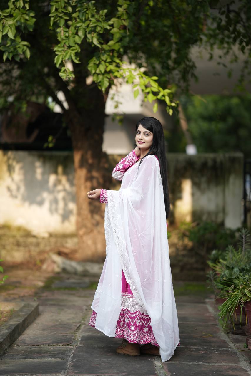 Yash Enterprise Pink Faux Georgette Embroidery Work Party Wear Suit Set | Grocsy