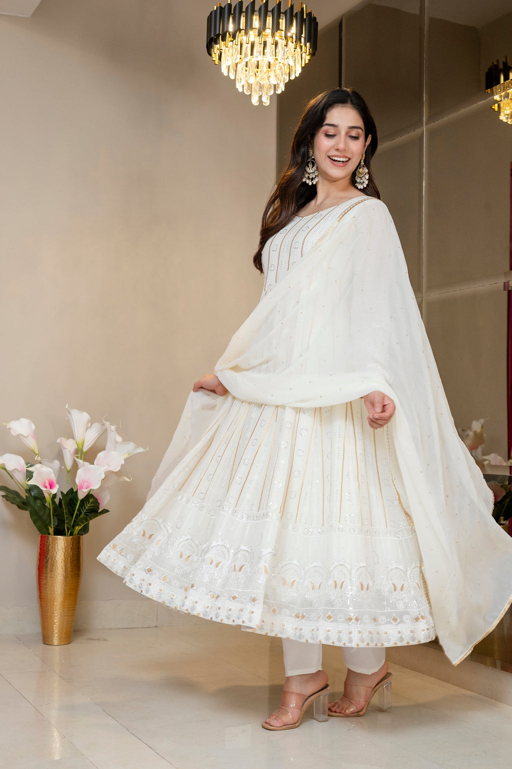 Yash Enterprise Off White Faux Blooming Party Wear Embroidery Suit Set | Grocsy