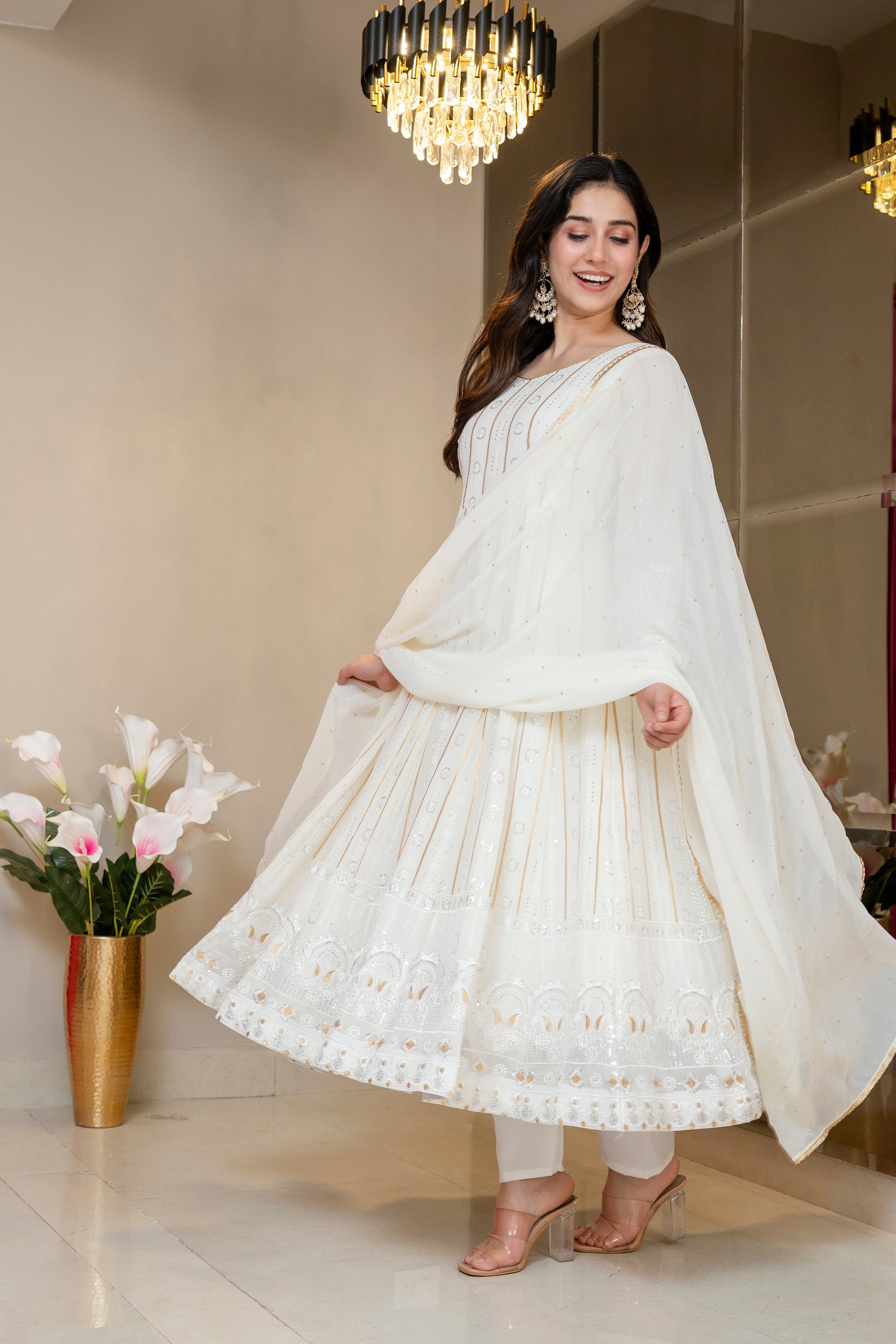Yash Enterprise Off White Faux Blooming Party Wear Embroidery Suit Set | Grocsy