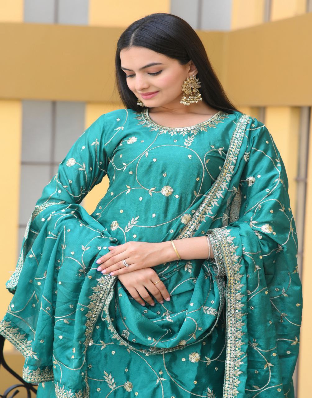 Yash Enterprise Alluring Bottle Green Embroidery Work Readymade Salwar Suit | Grocsy