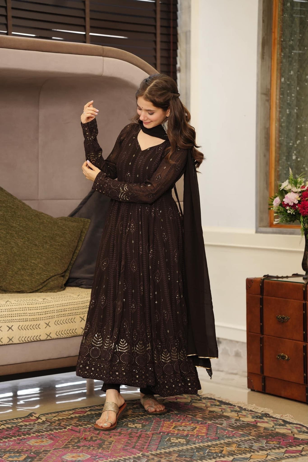 Yash Enterprise Black Embroidered Georgette Suit Set | Grocsy