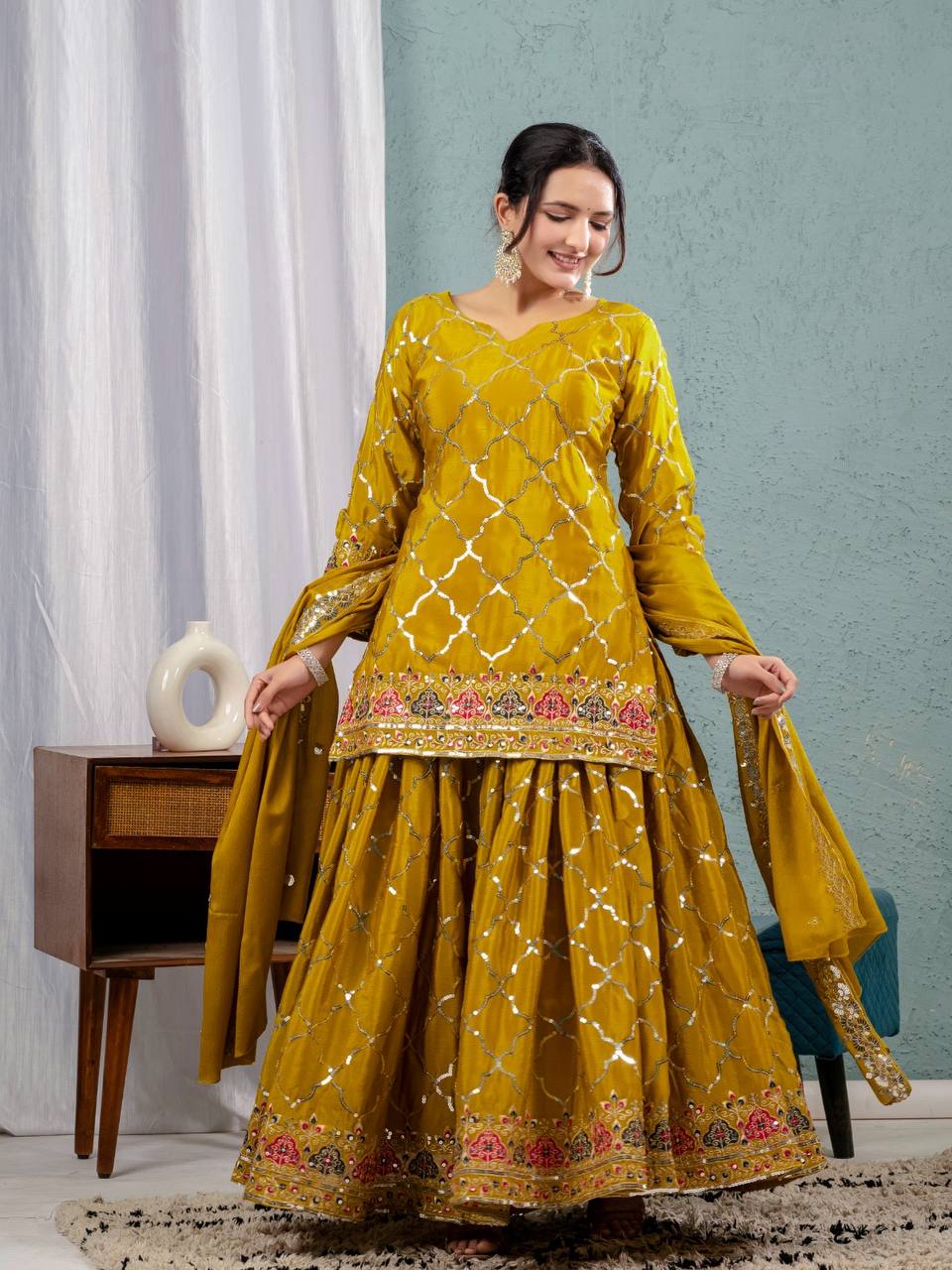 Yash Enterprise Yellow Georgette Embroidery Party Wear Suit Set | Grocsy